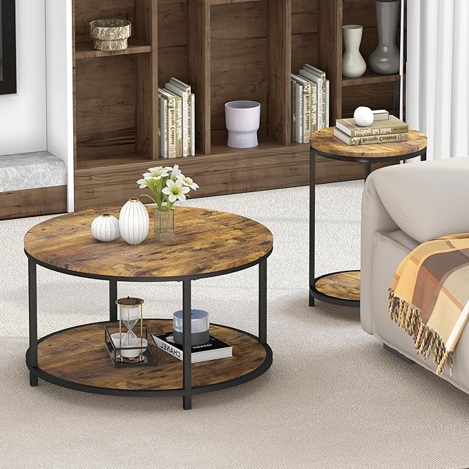 NSdirect Round Coffee Table, 27.6" Small Coffee Table for Living Room,2-Tier Rustic Wood Desktop with Storage Shelf Modern Design Home Furniture(Brown)