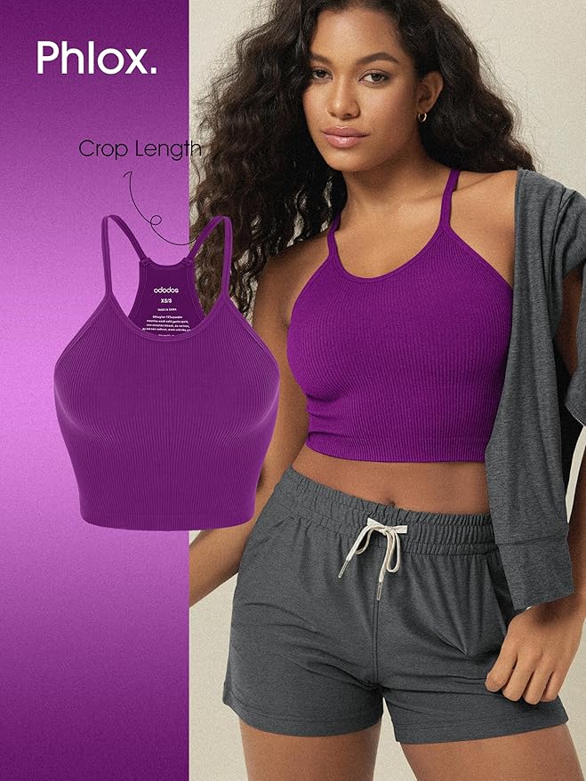 ODODOS Women's Crop 3-Pack Seamless Rib-Knit Camisole Crop Tank Tops