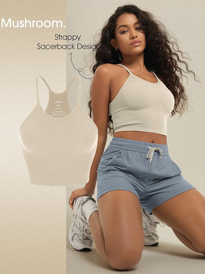 ODODOS Women's Crop 3-Pack Seamless Rib-Knit Camisole Crop Tank Tops
