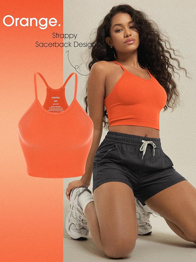 ODODOS Women's Crop 3-Pack Seamless Rib-Knit Camisole Crop Tank Tops