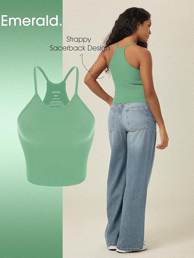 ODODOS Women's Crop 3-Pack Seamless Rib-Knit Camisole Crop Tank Tops