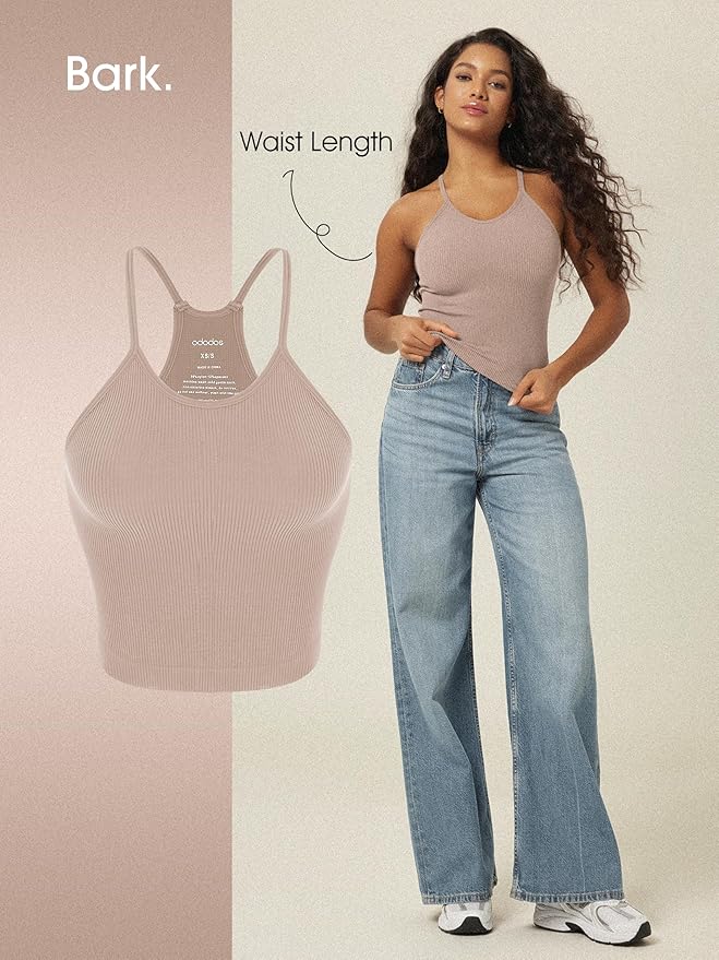ODODOS Women's Crop 3-Pack Seamless Rib-Knit Camisole Crop Tank Tops