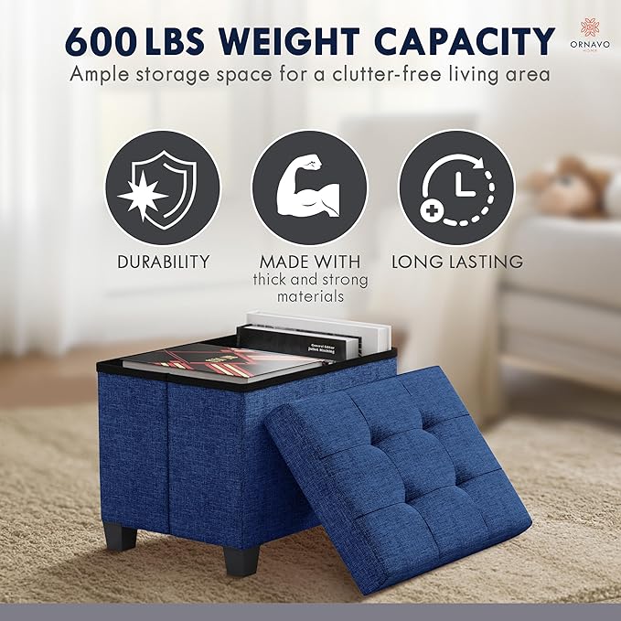 Ornavo Home Storage Ottoman Small Rectangle Ottoman with Legs, Foot Rest Stool Seat, Load up to 600 LB, for Living Room, Bedroom, Home Office, Dorm - 12 x 16 x 12, Navy Blue