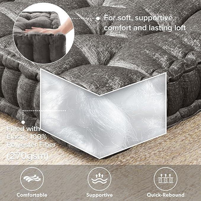 Intelligent Design Azza Floor Pillow, Large Cushions Sitting for Adults, Floor Pillow for Meditation or Yoga, Lustrous Chenille Tufted with Scalloped Edges for Bench/Chair Cushion, 20"x20"x5" Charcoal