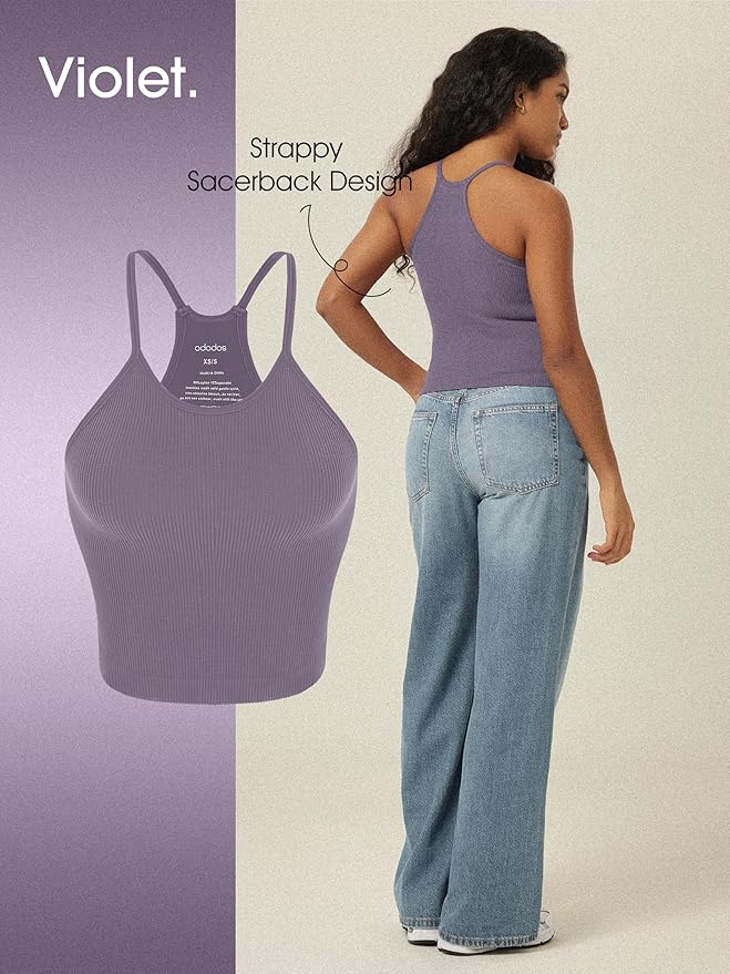 ODODOS Women's Crop 3-Pack Seamless Rib-Knit Camisole Crop Tank Tops