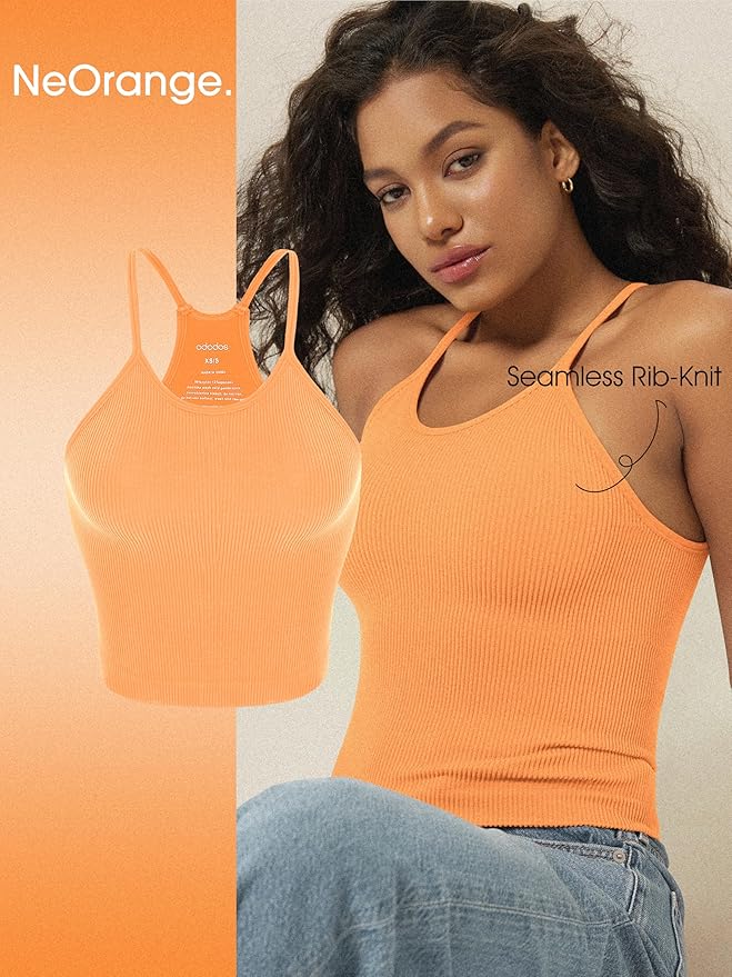 ODODOS Women's Crop 3-Pack Seamless Rib-Knit Camisole Crop Tank Tops
