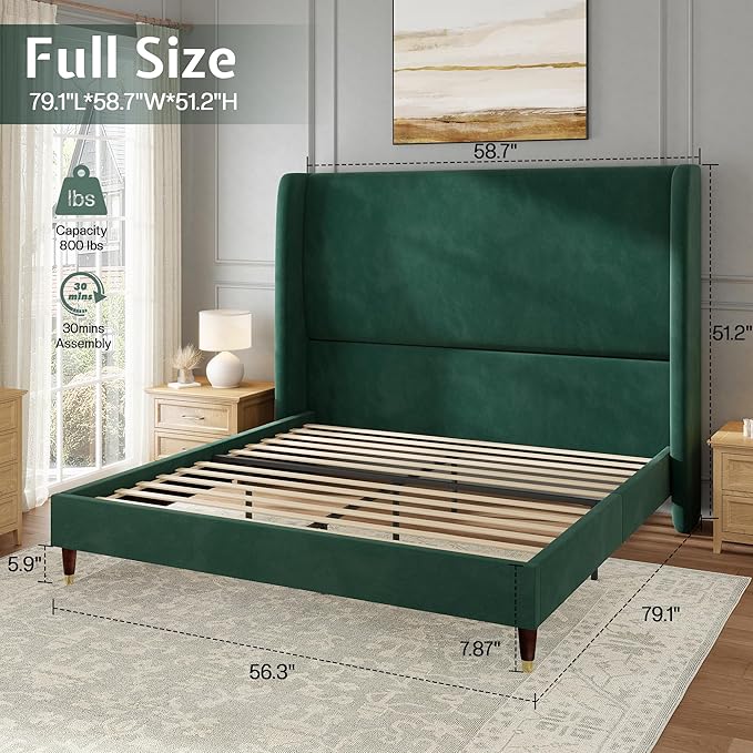 Jocisland Full Size Bed Frame 51.2" Wingback Headboard Velvet Upholstered Platform Bed with Solid Wood Legs & Wooden Slats, No Box Spring Needed, Modern Minimalist Style, Easy Assembly, Dark Green