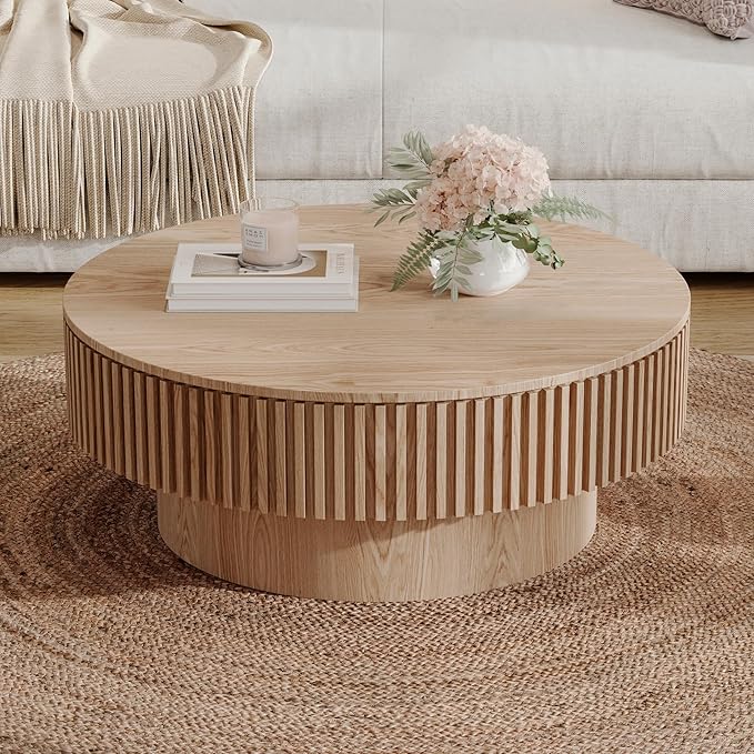 31.5''Round Coffee Table with Storage, Modern Luxury Circle Drum Center Tables with Solid Wood Veneered, Accent Side Coffee Table for Living Room, Bedroom, Apartment-Natural
