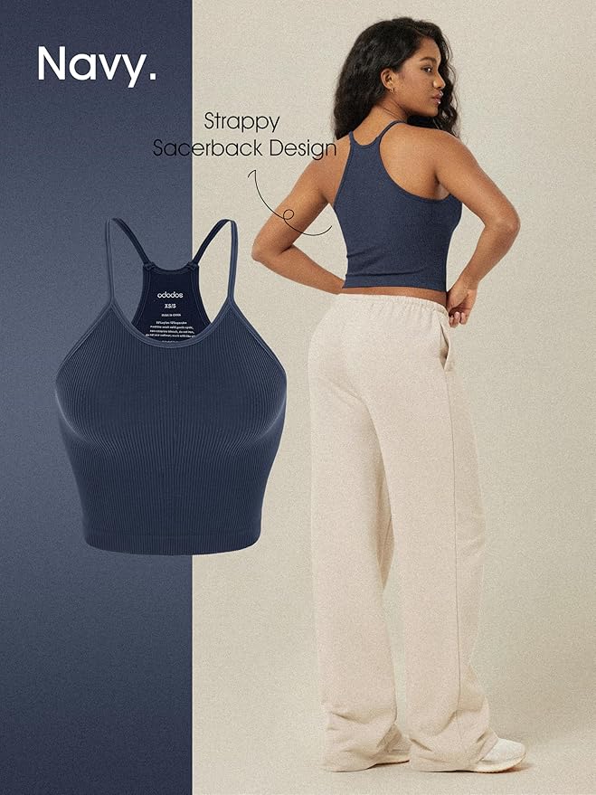 ODODOS Women's Crop 3-Pack Seamless Rib-Knit Camisole Crop Tank Tops