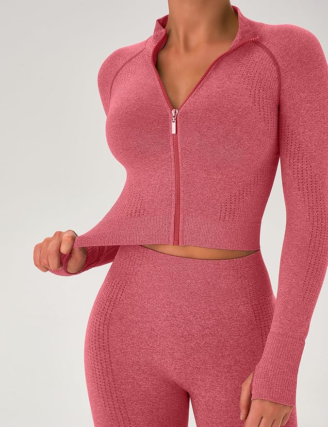 OLCHEE Womens Workout Sets 2 Piece Seamless Yoga Outfits Long Sleeve Zipper Jacket High Waist Leggings Butt Lifting Gym Set