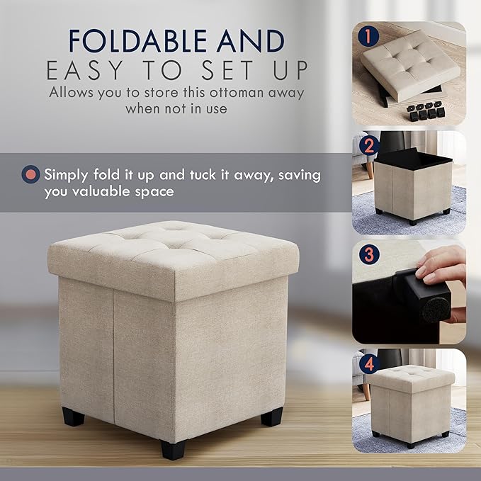 Ornavo Home Storage Ottoman with Legs, Square Cube Foot Rest Stool Seat, for Living Room, Bedroom, Home Office, Dorm - 15 x 15 x 15, Beige