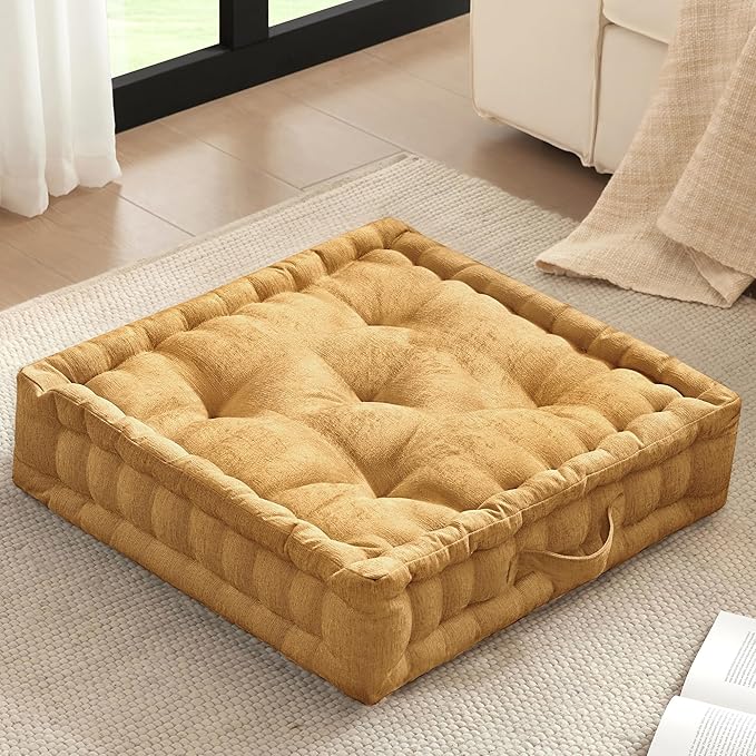 Intelligent Design Large Floor Pillow for Adults Yoga or Meditation Cushion with Handle, Floor Cushion for Board Games, Lustrous Chenille Tufted, Handsewn Scalloped Edge, Azza, 24" x 24" x 5" Yellow