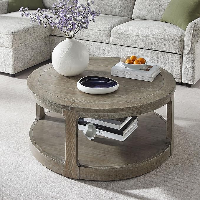 40" Round Wood Coffee Table, 2 Tier Modern Center Table with Roller Wheels,Solid Wood+MDF, Easy Assembly, Accent Table for Living Room, Apartment, Small Space. (Light Brown)