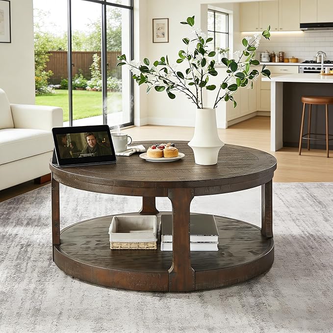 40" Round Wood Coffee Table, 2 Tier Modern Center Table with Roller Wheels,Solid Wood+MDF, Easy Assembly, Accent Table for Living Room, Apartment, Small Space.(Dark Brown)
