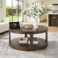 40" Round Wood Coffee Table, 2 Tier Modern Center Table with Roller Wheels,Solid Wood+MDF, Easy Assembly, Accent Table for Living Room, Apartment, Small Space.(Dark Brown)