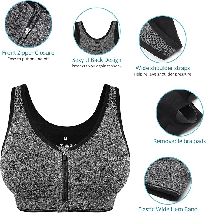 Women's Zip Front Sports Bra Wireless Post-Surgery Bra Active Yoga Sports Bras