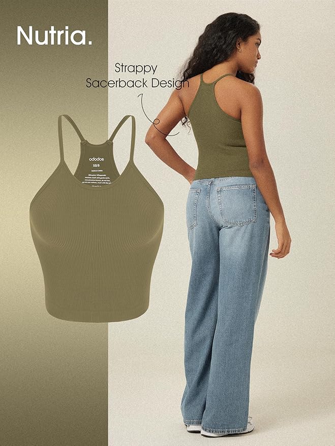 ODODOS Women's Crop 3-Pack Seamless Rib-Knit Camisole Crop Tank Tops