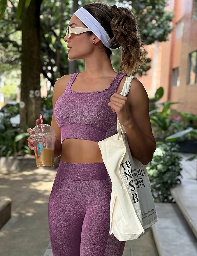 OLCHEE Womens Workout Sets 2 Piece Seamless Square Neck Sports Bra Padded Butt Lifting Leggings High Waist Yoga Gym Outfits