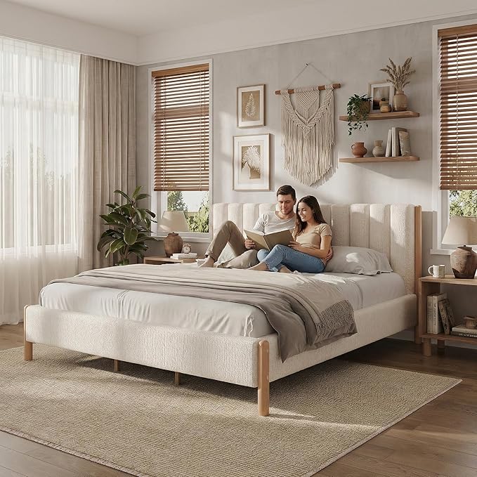 King Size Bed Frame with Boucle Upholstered Headboard, Solid Rubberwood Legs & Vertical Striped Design, Sturdy Wood Slat Support Boucle Bed Frame, No Box Spring Needed, White