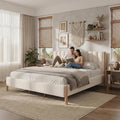 King Size Bed Frame with Boucle Upholstered Headboard, Solid Rubberwood Legs & Vertical Striped Design, Sturdy Wood Slat Support Boucle Bed Frame, No Box Spring Needed, White