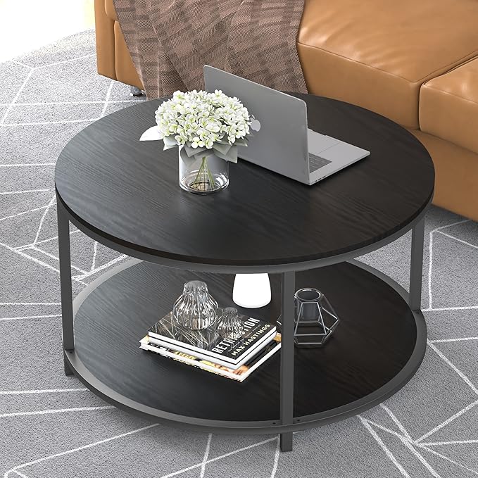 NSdirect Round Coffee Table, 27.6" Small Coffee Table for Living Room,2-Tier Rustic Wood Desktop with Storage Shelf Modern Design Home Furniture(Black)