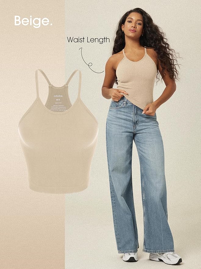 ODODOS Women's Crop 3-Pack Seamless Rib-Knit Camisole Crop Tank Tops
