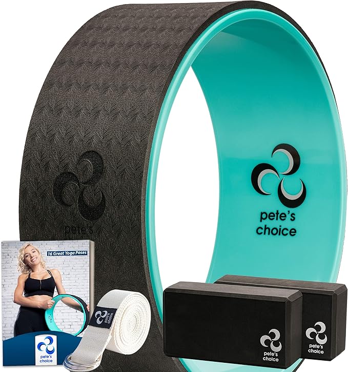 Yoga Wheel with Beginners Guide & Yoga Strap - Back Pain and Tension Relief. Comfy Roller for Stretching, Increase Flexibility. Home Exercise Kit. Ideal for Women Yogis. Improve your Posture.