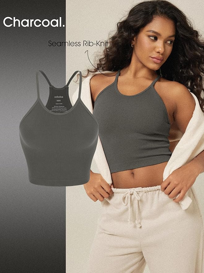 ODODOS Women's Crop 3-Pack Seamless Rib-Knit Camisole Crop Tank Tops