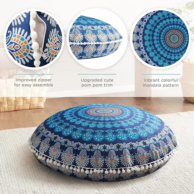 Codi Meditation Floor Pillow Set of 2, Round Large Pillows Seating for Adults, Bohemian Mandala Circle Cushion for Outdoor Fireplace Yoga Living Room, 32 Inch, Memory Foam Added, Navy