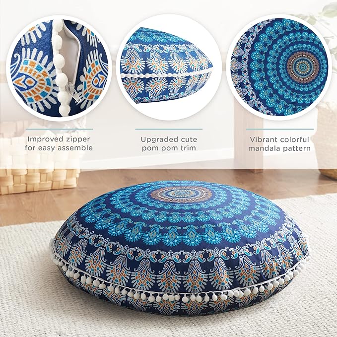 Codi Meditation Floor Pillow, Round Large Pillows Seating for Adults, Bohemian Mandala Circle Cushion for Outdoor Fireplace Yoga Living Room, 32 Inch, Memory Foam Added, Navy