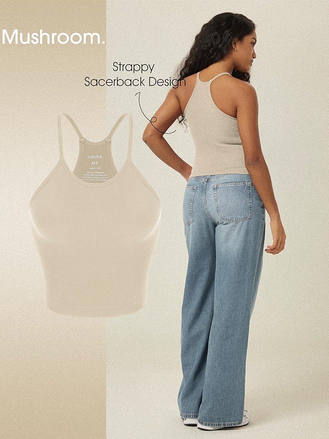 ODODOS Women's Crop 3-Pack Seamless Rib-Knit Camisole Crop Tank Tops