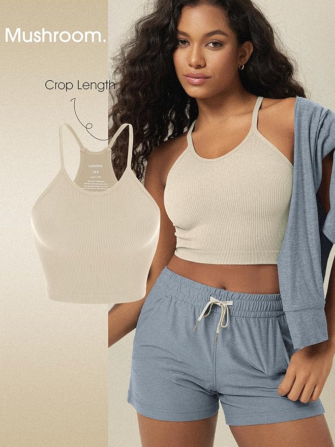 ODODOS Women's Crop 3-Pack Seamless Rib-Knit Camisole Crop Tank Tops