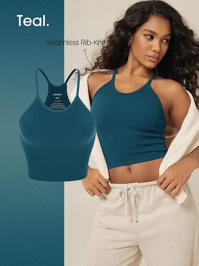 ODODOS Women's Crop 3-Pack Seamless Rib-Knit Camisole Crop Tank Tops