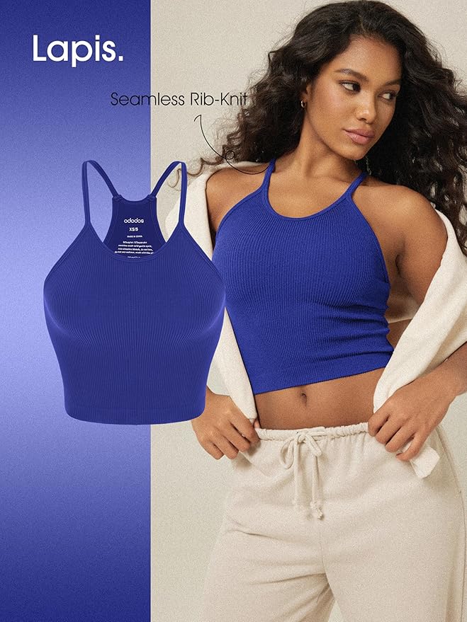 ODODOS Women's Crop 3-Pack Seamless Rib-Knit Camisole Crop Tank Tops