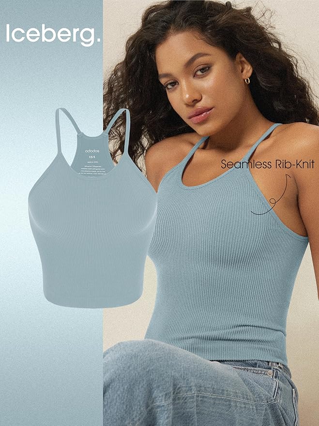 ODODOS Women's Crop 3-Pack Seamless Rib-Knit Camisole Crop Tank Tops