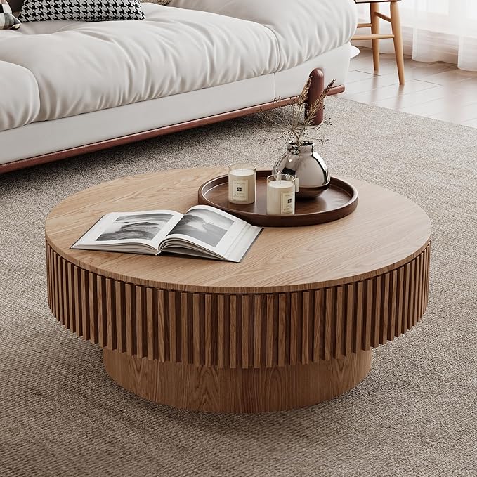 31.5''Round Coffee Table with Storage, Modern Luxury Circle Drum Center Tables with Solid Wood Veneered, Accent Side Coffee Table for Living Room, Bedroom, Apartment-Natural