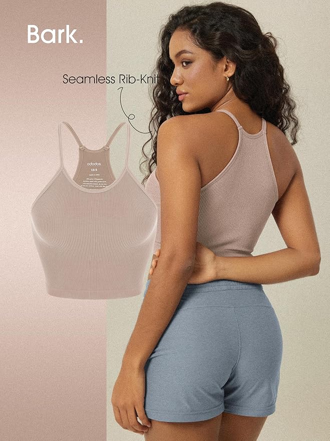 ODODOS Women's Crop 3-Pack Seamless Rib-Knit Camisole Crop Tank Tops