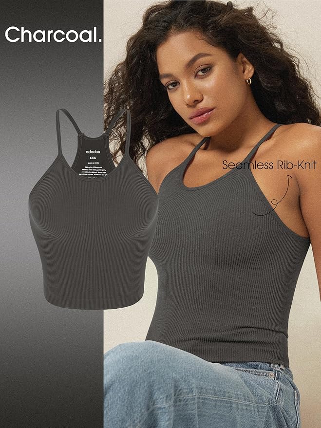 ODODOS Women's Crop 3-Pack Seamless Rib-Knit Camisole Crop Tank Tops