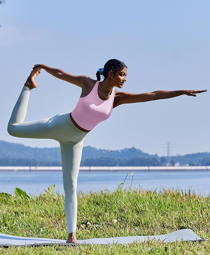 PINSPARK Women Sports Bra High Neck Racerback Workout Crop Tank Top Longline Padded Yoga Tops with Built in Pads