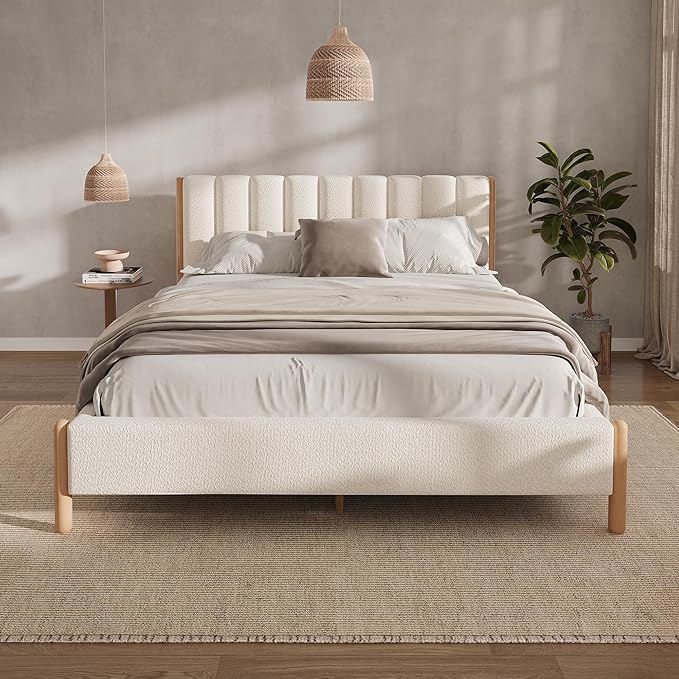 Queen Size Bed Frame with Boucle Upholstered Headboard, Solid Rubberwood Legs & Vertical Striped Design, Sturdy Wood Slat Support Boucle Bed Frame, No Box Spring Needed, White