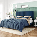 Allewie Queen Bed Frame, Velvet Upholstered Platform Bed with Adjustable Vertical Channel Tufted Headboard, Mattress Foundation with Strong Wooden Slats, Box Spring Optional, Easy Assembly, Navy Blue