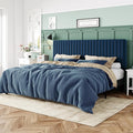Allewie King Bed Frame, Velvet Upholstered Platform Bed with Adjustable Vertical Channel Tufted Headboard, Mattress Foundation with Strong Wooden Slats, Box Spring Optional, Easy Assembly, Navy Blue