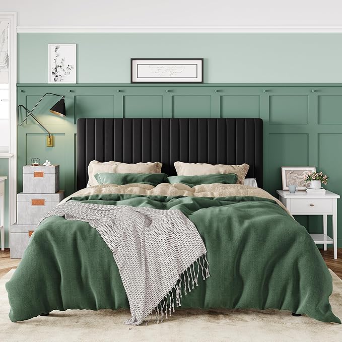 Allewie Full Bed Frame, Velvet Upholstered Platform Bed with Vertical Channel Tufted Headboard, Mattress Foundation with Strong Wooden Slats, Box Spring Optional, Easy Assembly, Black