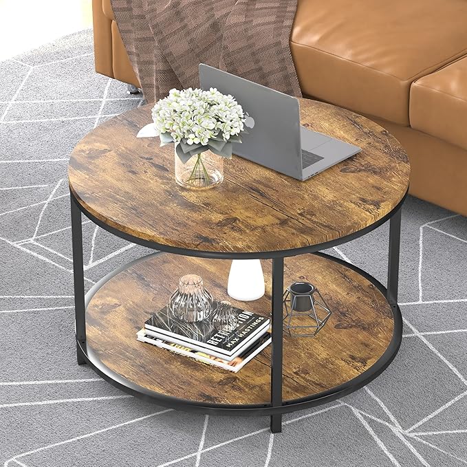 NSdirect Round Coffee Table, 25.6" Small Coffee Table for Living Room,2-Tier Rustic Wood Desktop with Storage Shelf Modern Design Home Furniture(Brown)