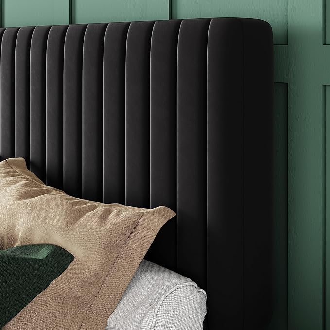 Allewie Full Bed Frame, Velvet Upholstered Platform Bed with Vertical Channel Tufted Headboard, Mattress Foundation with Strong Wooden Slats, Box Spring Optional, Easy Assembly, Black