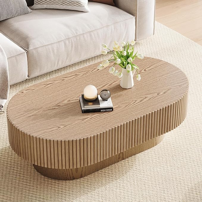 YOUDENOVA 43.7” Oval Coffee Table, Modern Wood Fluted Coffee Table for Living Room, Veneer Handcrafted Relief Center Table with Sturdy Pedestal，Easy Assembly - Natural