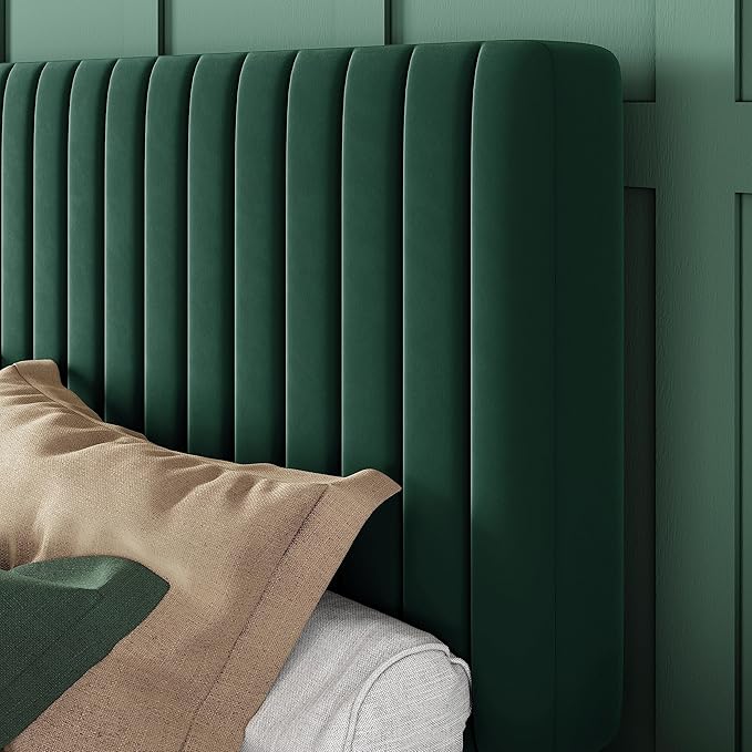 Allewie King Bed Frame, Velvet Upholstered Platform Bed with Adjustable Vertical Channel Tufted Headboard, Mattress Foundation with Strong Wooden Slats, Box Spring Optional, Easy Assembly, Green