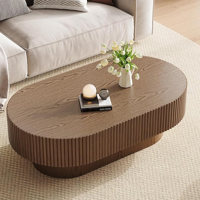YOUDENOVA 43.7” Oval Coffee Table, Modern Wood Fluted Coffee Table for Living Room, Veneer Handcrafted Relief Center Table with Sturdy Pedestal，Easy Assembly - Walnut